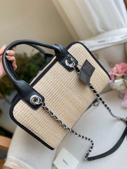 Embroidered Woven Tote Chain Bag