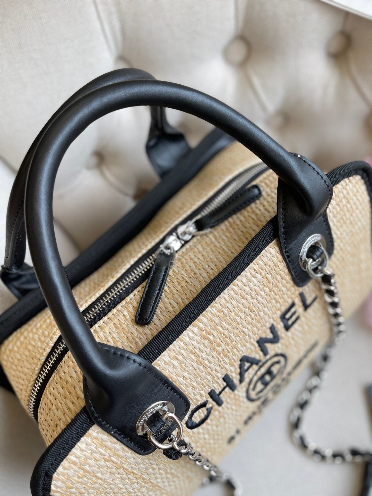 Embroidered Woven Tote Chain Bag