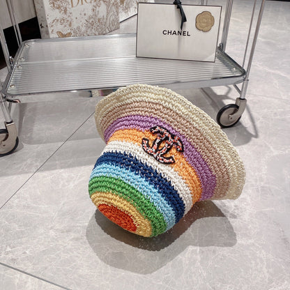 Rainbow Colorblock Holiday Straw Bucket Hat