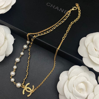 Double Pearl Leather Chain Necklace