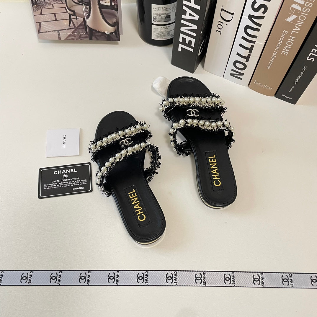 Elegant Double Strap Pearl Flat Slippers