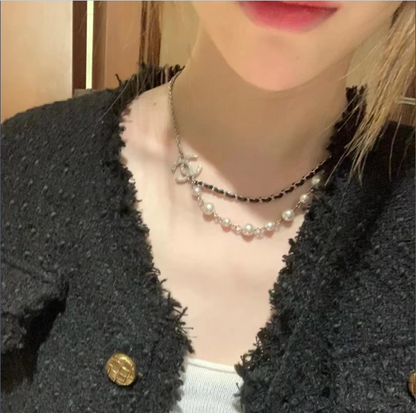 Double Pearl Leather Chain Necklace