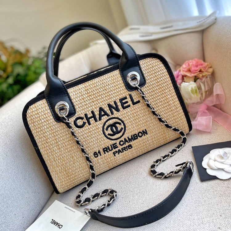 Embroidered Woven Tote Chain Bag