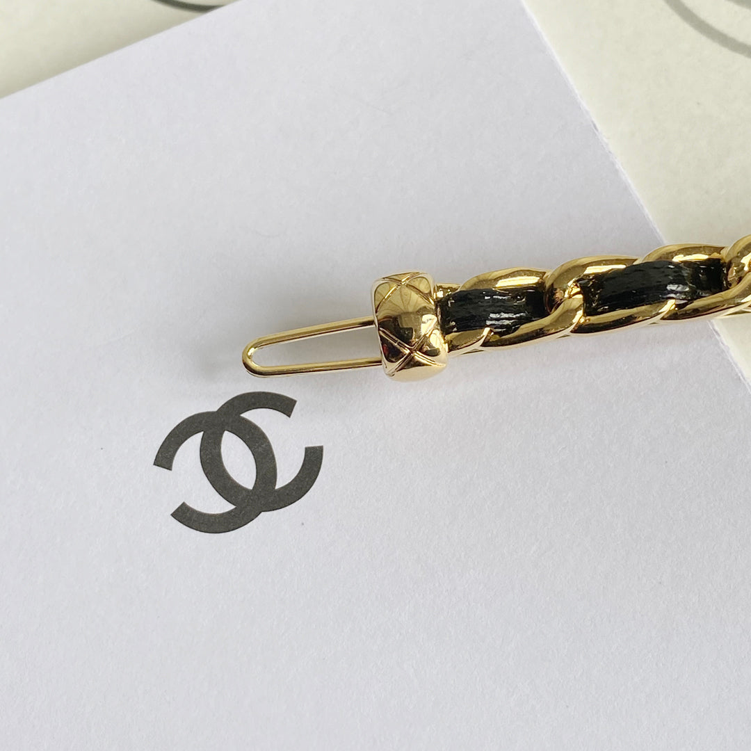 Gold Tone Black Leather Hairpin