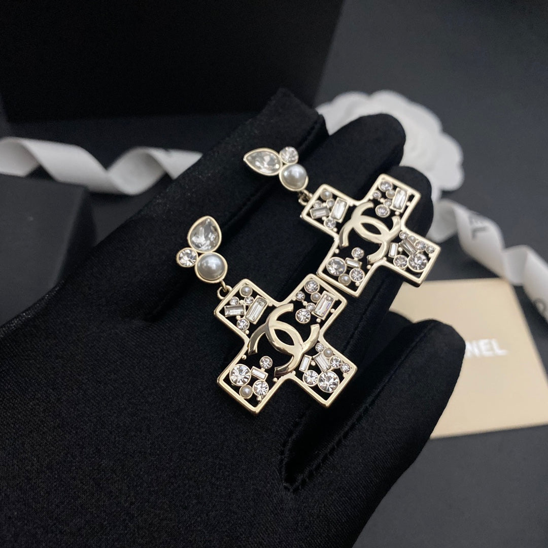 Cross Pearl Diamond Earrings