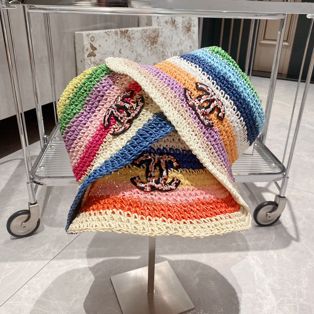 Rainbow Colorblock Holiday Straw Bucket Hat