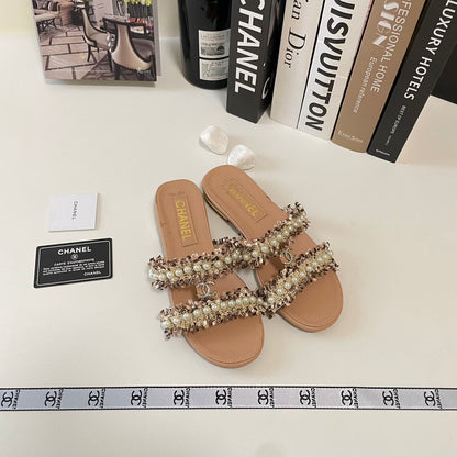 Elegant Double Strap Pearl Flat Slippers