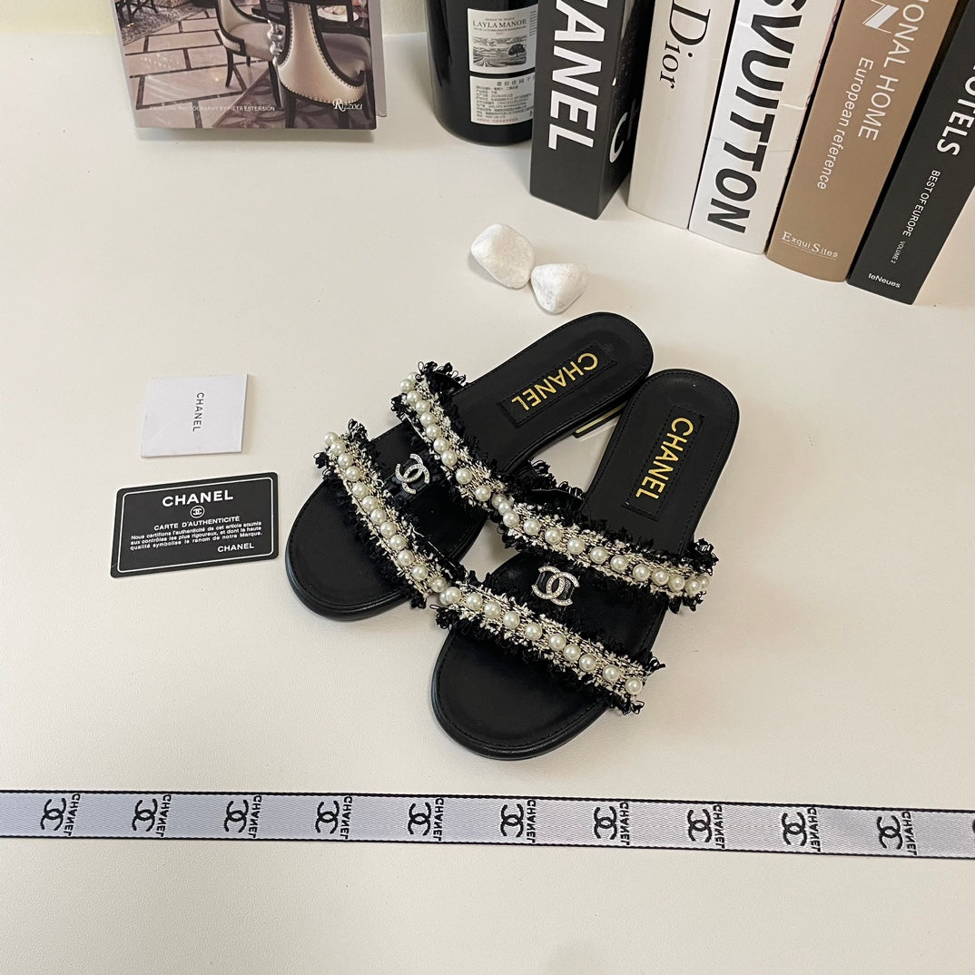 Elegant Double Strap Pearl Flat Slippers