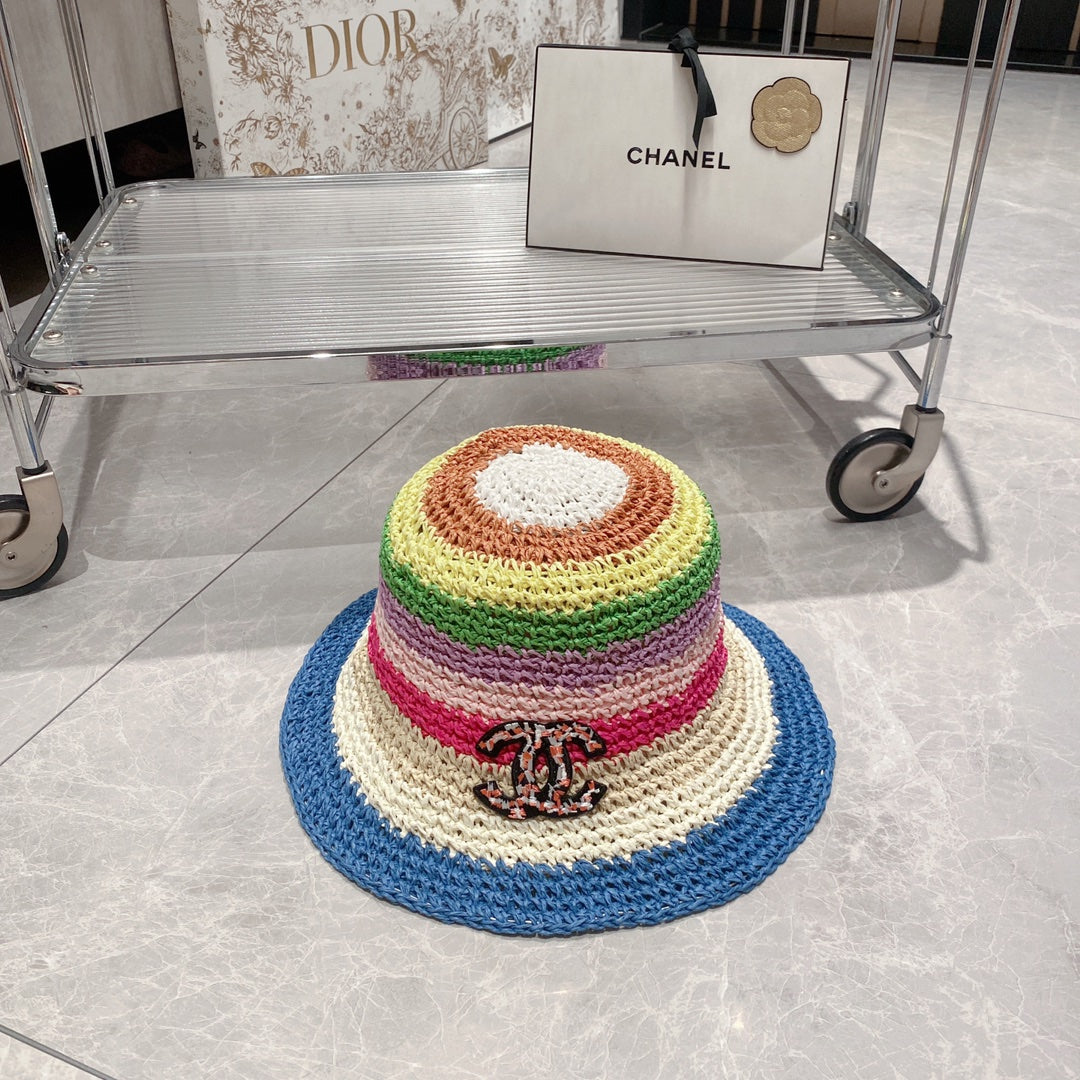 Rainbow Colorblock Holiday Straw Bucket Hat