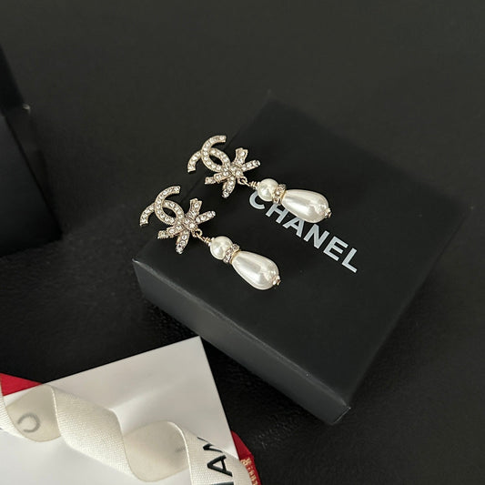 Diamond Bow Pearl Earrings