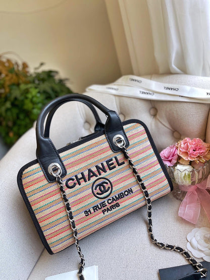 Embroidered Woven Tote Chain Bag