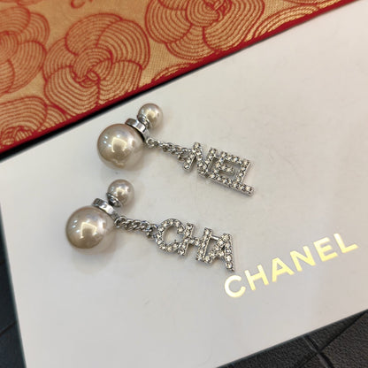 Rhinestone Letters Pendant Pearl Earrings