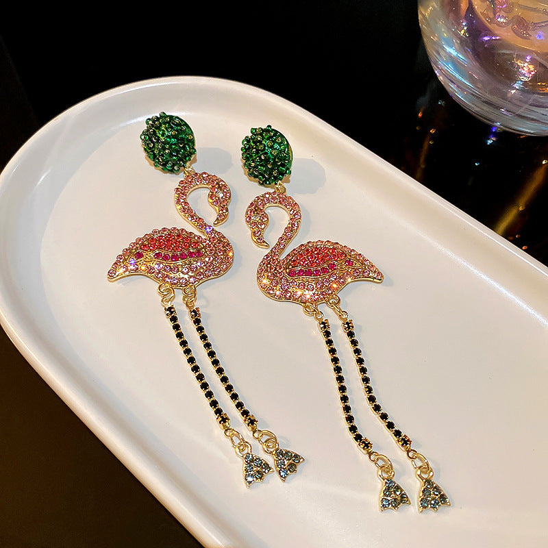 925 Silver Needle Full Diamond Flamingo Earrings