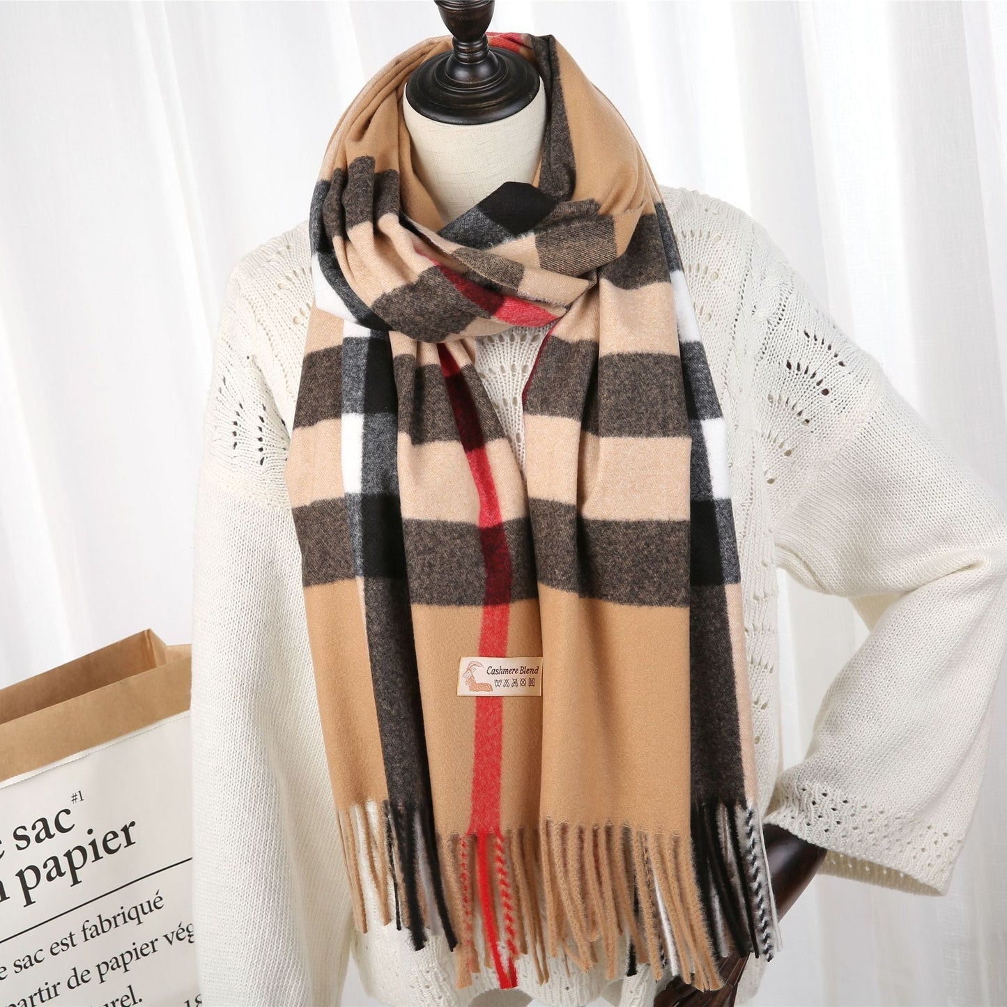 2022 New Checked Cashmere Tassel Scarf