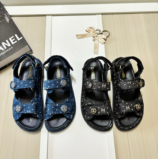 Denim Round Buckle Velcro Sandals