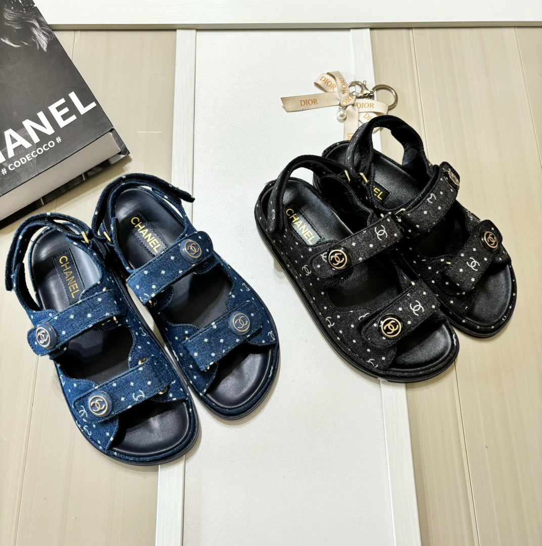 Denim Round Buckle Velcro Sandals