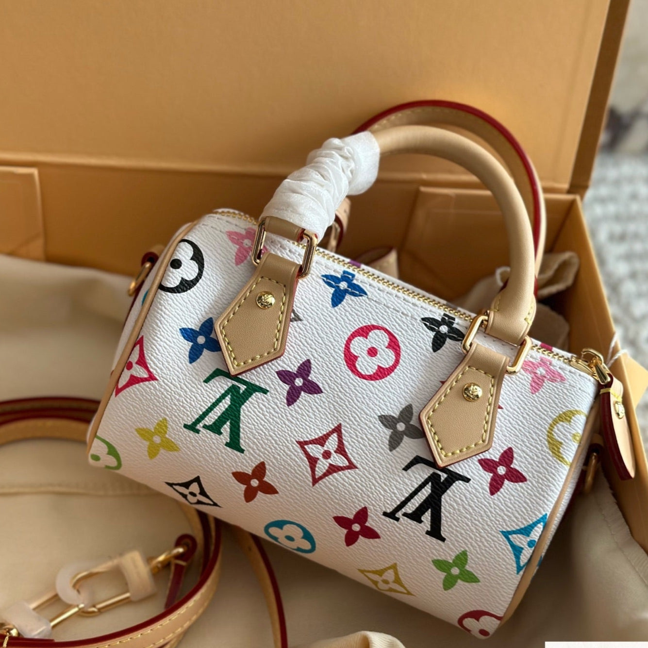 Colorful Embossed White Bow Bag