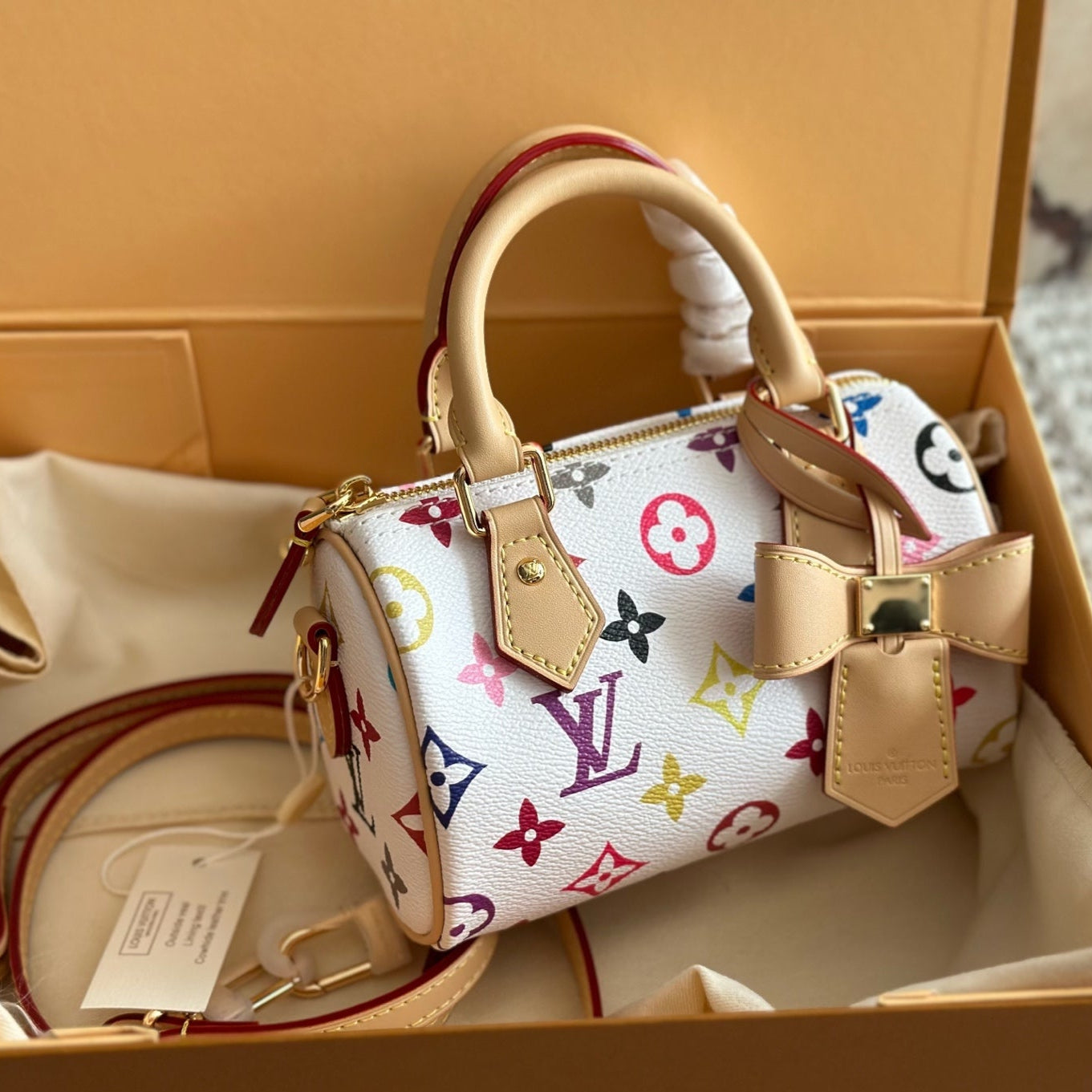 Colorful Embossed White Bow Bag