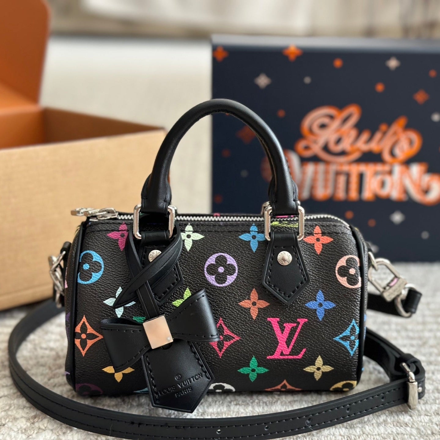 Colorful Embossed Black Bow Bag